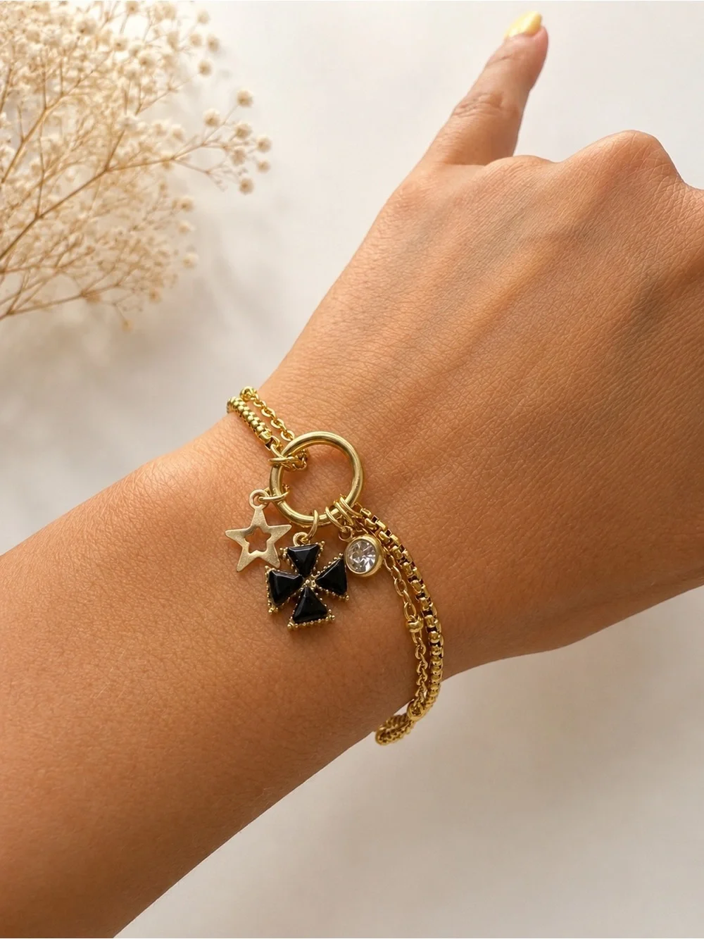 Gold Bracelet with Black Clover Charm - Women's Jewelry